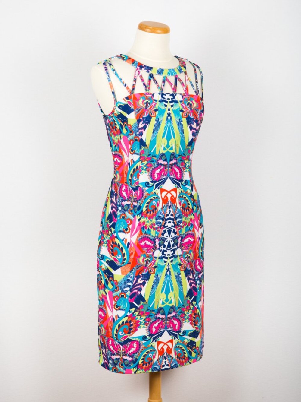 Joseph Ribkoff 70s Style Colorful Sleeveless Cutout Midi Sheat Dress Size 8